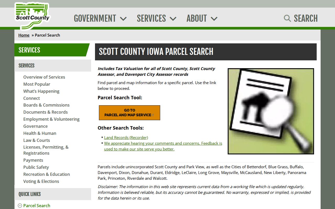 Scott County parcel search entry for Davenport property records
