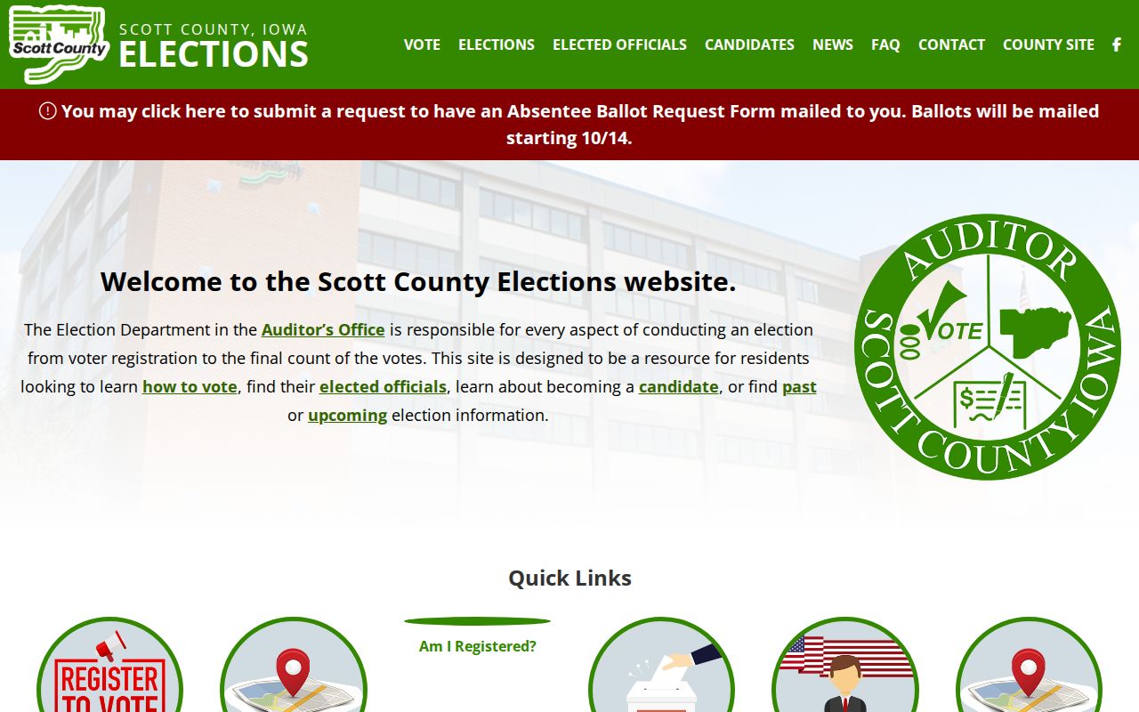 Scott County Elections website with Davenport voter information