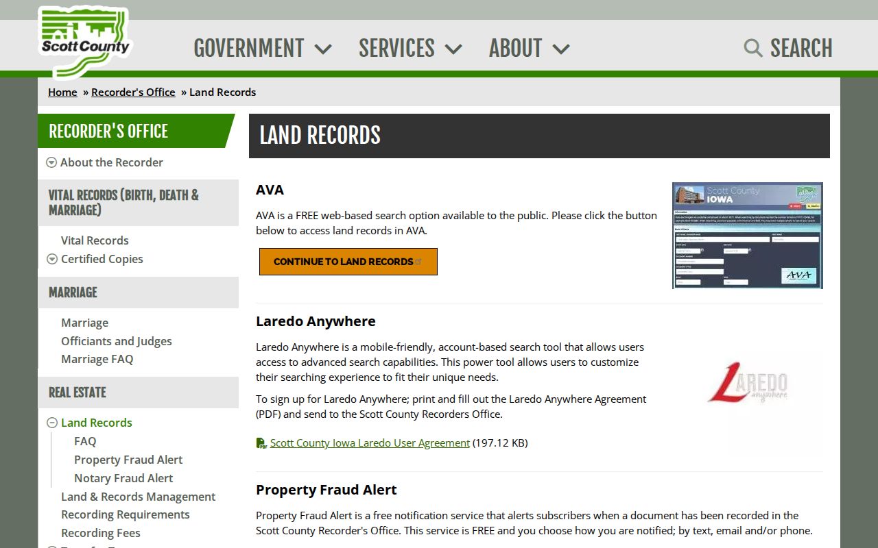 Scott County land records page for verifying boundaries near Davenport neighbors