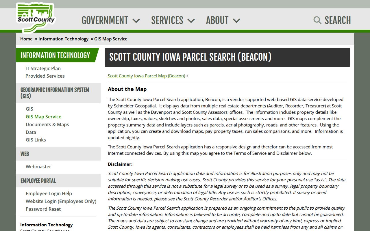 Scott County GIS map service page for researching Davenport neighbors by parcel
