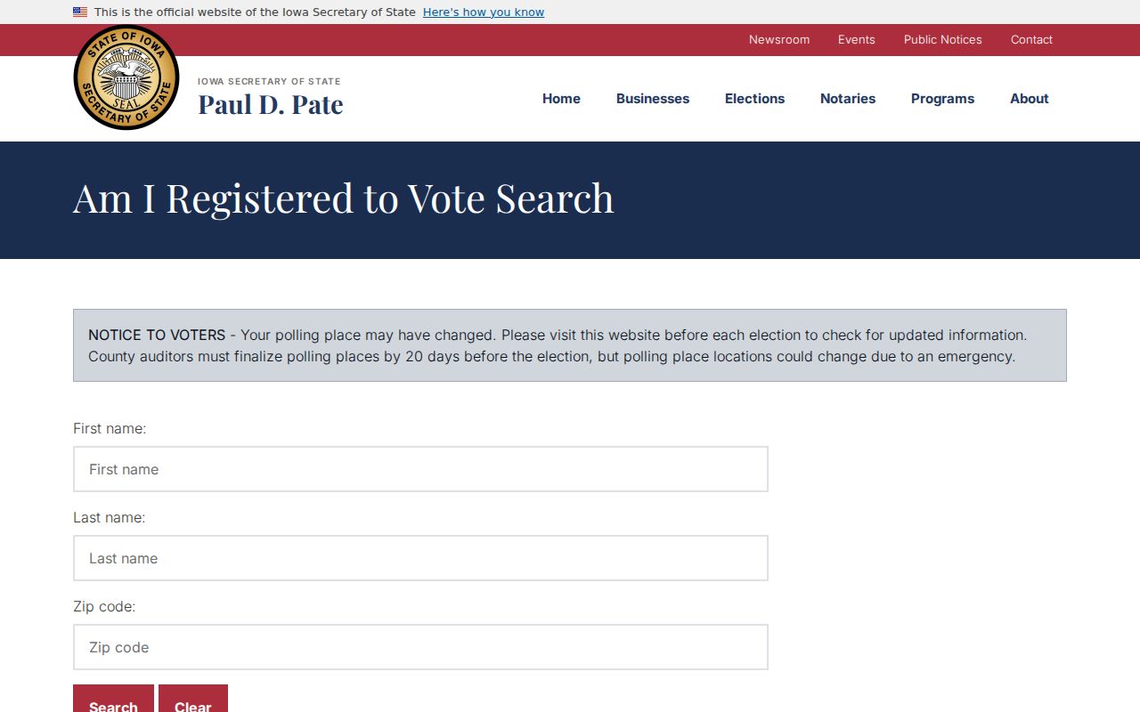 Iowa voter registration form used for a Davenport resident lookup