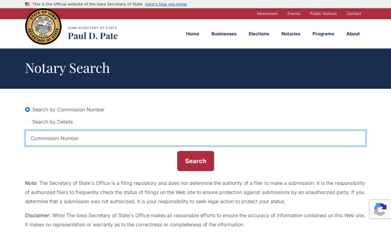Iowa notary commission search for confirming a Davenport public affiliation